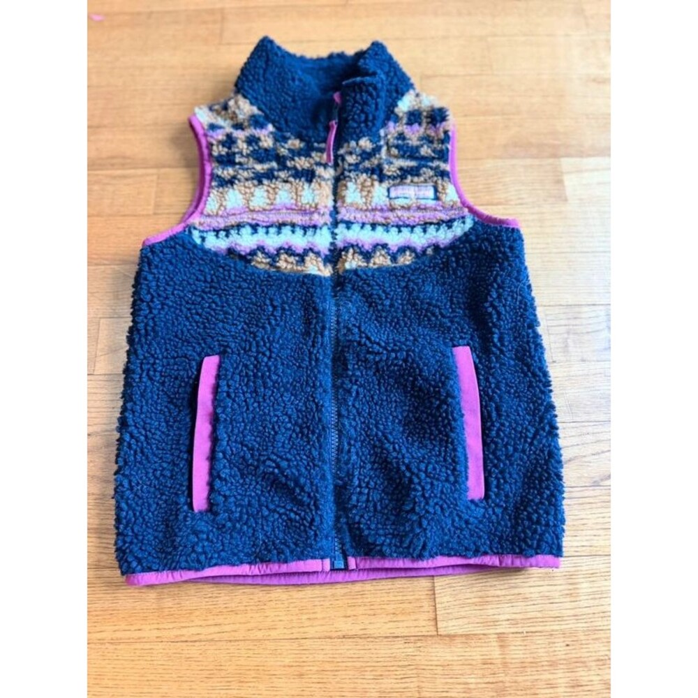 Vineyard Vines Girls SuperShep Sherpa Fleece Vest Navy Pink Fair Isle Sz S 7-8